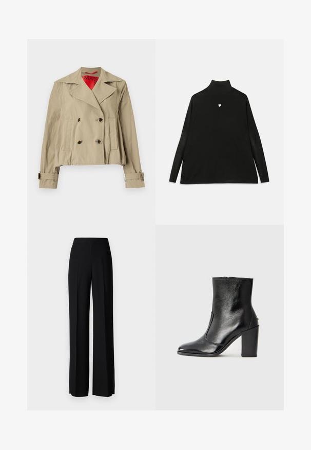 Beige színű, rövidített dzseki dupla gombolású kialakítással, nagy hajtókákkal, két elülső zsebbel és állítható mandzsettákkal, piros bélésű belső résszel.; Fekete garbó, hosszú ujjakkal, kis fehér szív emblémával a mellkason. Puha anyagú és laza szabású.; Fekete, széles szárú nadrág sima tapintással, magas derékkal és középen pliszével. Nincsenek látható minták vagy fém részletek.; Fekete bőr bokacipő sima textúrával, hegyes orral és vastag, magas sarkával. Oldalnyílással és minimalista dizájnnal rendelkezik.
