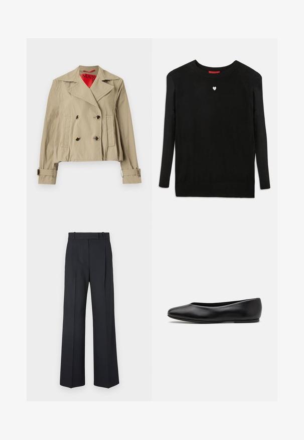 Beige cropped jacket featuring a double-breasted design, large lapels, two front pockets, and adjustable cuffs with a red inner lining.; Black knit sweater with long sleeves, crew neckline, and a small white heart on the chest. Soft texture and ribbed cuffs and hem.; Dark blue pinstriped trousers with a high waist, wide leg design, and no visible hardware or embellishments. Smooth texture and tailored fit.; Paul Smith TOPANGA - Ballet pumps - black