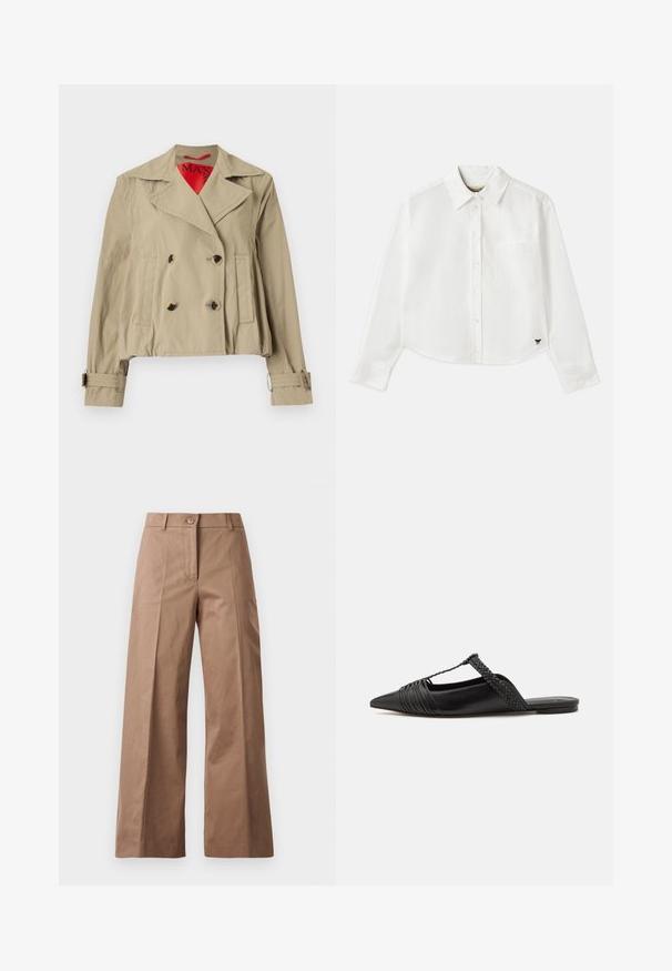 Beige cropped jasje met een dubbelgebreid ontwerp, grote revers, twee voorzakken en verstelbare manchetten met een rode voering.; Witte, cropped, langemouwen shirt van katoen. Heeft een knoopsluiting aan de voorkant, een borstzak en een klein zwart logo op de linksonder.; Bruine wijde broek gemaakt van een gladde stof, met een voorknoopsluiting, twee zijzakken en strakke, op maat gemaakte lijnen.; Zwarte leren slingback schoen met een puntige neus, voorzien van een gevlochten accent en geplooid ontwerp aan de bovenkant. Platte zool met minimale hardware.