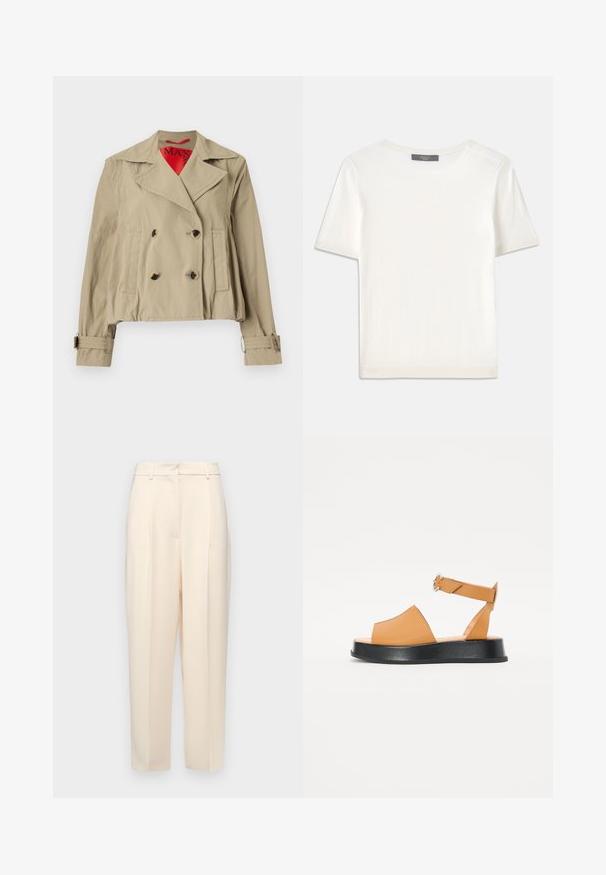 Beige jakke som er avkortet, med dobbelspent design, store reverser, to frontlommer og justerbare mansjetter med rød innerfôr.; Hvit kortermet strikket topp med rund hals, med en glatt tekstur og subtile ribbede detaljer på ermer og kant.; Beige skreddersydde bukser med rett passform, med folder foran, en glatt tekstur og midjehøyde. Ingen synlige lommer.; Brune lær sandaler med bred forkant, åpen tå, justerbar stropp og tykk sort plattformsåle. Glatt tekstur og minimalistisk design.