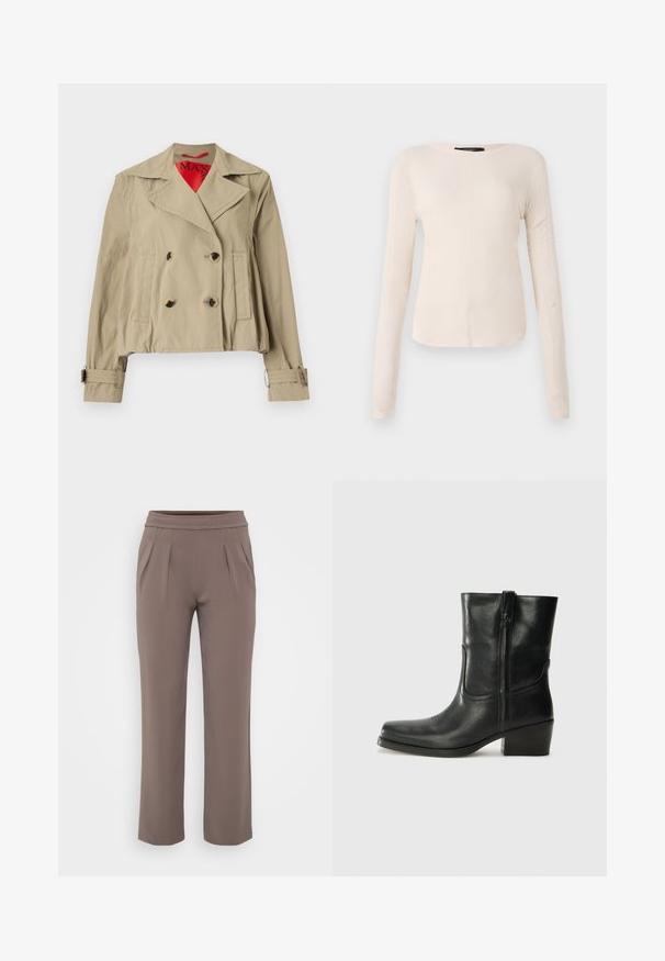 Šviesiai ruda trumpa striukė, pasižyminti dvigubo užsegimo dizainu, dideliais atvartais, dviem priekinėmis kišenėmis ir reguliuojamais rankogaliais su raudona vidine pamušalo spalva.; Ilgesnių rankovių, šviesiai bežinis viršus su apvaliu iškirpimu. Pagamintas iš minkštos medžiagos, turi centrinę siūlę ir šiek tiek kreivą apatinių kraštų liniją. Matomų detalių nėra.; Smėlinės laisvo kirpimo kelnės su elastinga juosmens juostele ir priekine klostele, pagamintos iš lygaus audinio.; Juodi odiniai aulinukai iki kulkšnies su apvali nosimi, blokuotais kulnais, šonine užtrauktuku ir siuvimo akcentais ant viršutinės dalies. Lygi tekstūra, klasikinis dizainas.