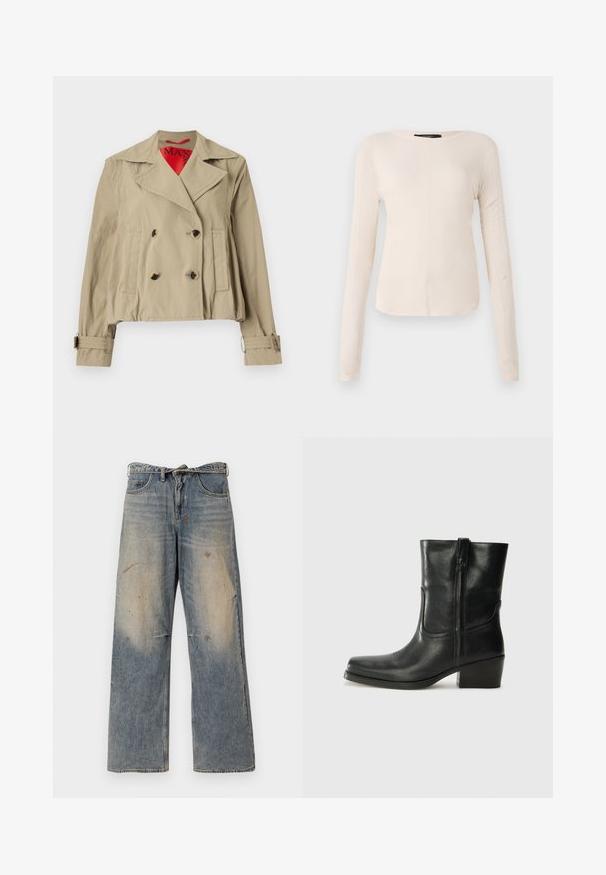 Beige ehdotettu takki, jossa on kaksirivinen suunnittelu, suuret kaulukset, kaksi etutaskua ja säädettävät hihansuut punaisella vuorella.; Pitkähihainen, vaaleanbeige paita, jossa on pyöreä kaula-aukko. Valmistettu pehmeästä kankaasta, jossa on keskeinen sauma ja hieman kaareva helma. Ei näkyvää metalliosaa.; Vaaleansinisiä farkkuhousuja, joissa on löysä, suora lahje. Ominaisuuksiin kuuluvat kulutustiedot, haalistuminen ja kuluneet yksityiskohdat polvien lähellä. Klassinen viiden taskun tyyli.; Musta nahkasaapas nilkkamittaisella varrella, pyöreällä kärjellä, lohkarekorolla, sivuvetoketjulla ja ompeluaksentilla varren yläosassa. Suora pinta, klassinen muotoilu.