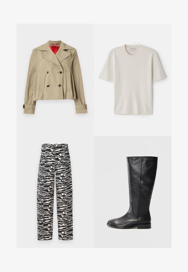 Bež jakna skratkog kroja s dvostrukim kopčanjem, velikim reverima, dva prednja džepa i prilagodljivim manžetama s crvenom unutrašnjošću.; Krem majica s kratkim rukavima i okruglim izrezom, izrađena od mekanog materijala, s ravnim krojem i minimalnim detaljima.; Hlače sa uzorkom crno-bijelih pruga, ravnog kroja, s kopčanjem na dugme i patentni zatvarač te dva prednja džepa.; Crne kožne čizme do koljena s niskim potpeticama i zaobljenim vrhom, s vidljivim šavovima duž cijevi i gornjeg dijela.