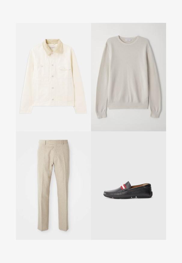 Jasnobeżowa kurtka z kołnierzem z kordurowego materiału, z dwoma kieszeniami na piersi, z przodu na guziki, wykonana z miękkiej, teksturowanej tkaniny.; Jasno beżowy sweter wykonany z miękkiej dzianiny. Okrągły dekolt, długie rękawy, ściągacze u rękawów i na dole z subtelnym detalem teksturalnym.; Beżowe spodnie o dopasowanym kroju, wykonane z teksturowanej tkaniny, z płaskim przodem, prostymi nogawkami oraz tradycyjnym pasem z szlufkami na pasek.; Czarne skórzane buty wsuwane z teksturowaną powierzchnią, z czerwono-białym paskiem na cholewce, zaokrąglony nos oraz gumowa podeszwa.