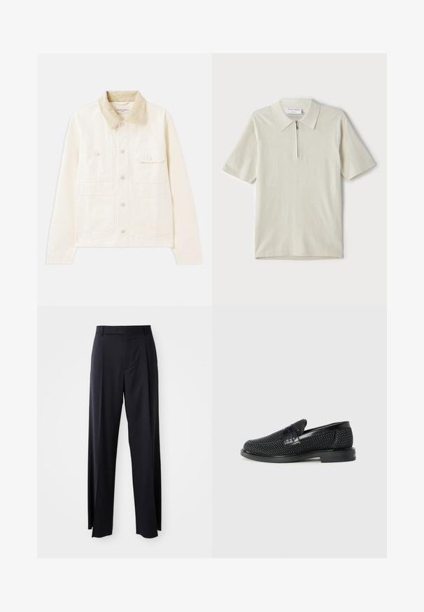 Helebeež värvi jakk kuni kaeluses, millel on kaks rinna taskut, eest nööpkinnitus ja pehme, tekstureeritud kangas.; Lühikeste varrukatega polo särk heles beeži värviga, millel on tõmblukk kaeluses. Valmistatud siledast kangast, minimalistlik ja kaasaegne disain ilma mustriteta.; Mustad, kõrge vöökohtaga püksid laia säärte lõikega, valmistatud siledast kangast. Omab ees plekke ja vöörihmade jaoks silmuseid. Minimalistlik disain, nähtavat riistvara pole.; Must musta kootud slip-on king, millel on pehme nahast accent ülaserval, ümmargune varvas ja madal profiiliga kummitald.