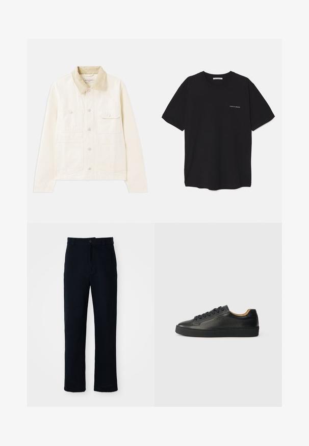 Jasnobeżowa kurtka z kołnierzem z kordurowego materiału, z dwoma kieszeniami na piersi, z przodu na guziki, wykonana z miękkiej, teksturowanej tkaniny.; Czarny bawełniany T-shirt z okrągłym dekoltem, krótkimi rękawami i białym nadrukiem logo na lewej piersi. Prosty, jednolity kolor.; Granatowe spodnie wykonane z bawełny, z prostą nogawką, z zapięciem na guziki z przodu oraz klasycznym pasem z pętelkami na pasek.; Czarne niskie trampki skórzane z teksturowaną powierzchnią, czarnymi sznurowadłami i grubą gumową podeszwą, pokazane z boku na jasnym tle.