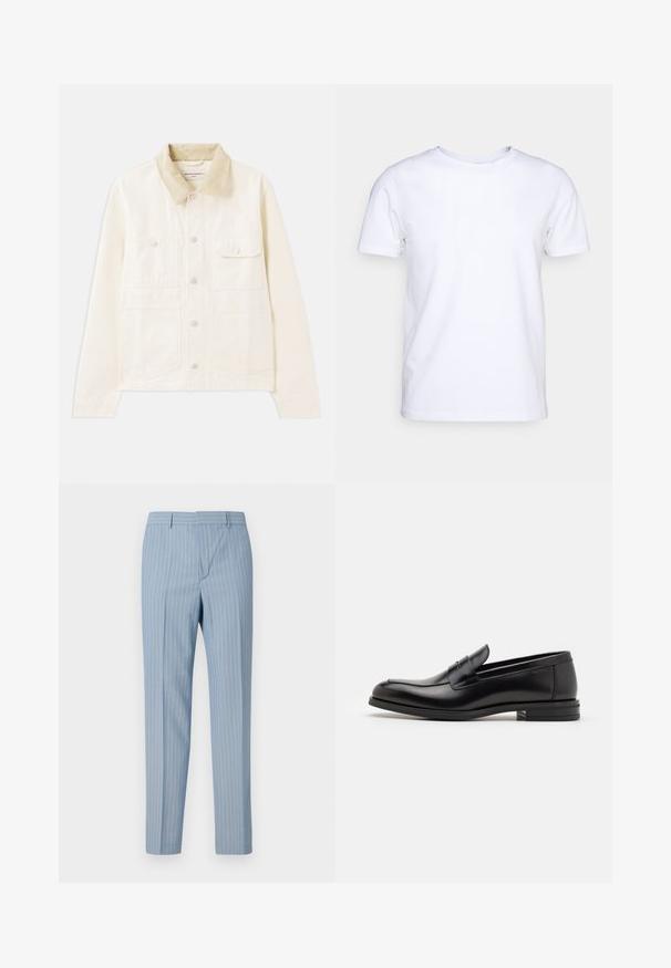 Jasnobeżowa kurtka z kołnierzem z kordurowego materiału, z dwoma kieszeniami na piersi, z przodu na guziki, wykonana z miękkiej, teksturowanej tkaniny.; Biała koszulka z krótkim rękawem wykonana z bawełnianego materiału, z okrągłym dekoltem. Prosty fason bez wzorów lub akcentów. Gładka tekstura.; Jasnoniebieskie spodnie w paski o dopasowanym kroju, z pionowymi prążkami w białym kolorze. Wykonane z gładkiego materiału o dopasowanym fasonie.; Czarne skórzane mokasyny o gładkiej fakturze, zaokrąglonym nosku i dekoracyjnym pasku na przodzie. Niski, warstwowy obcas, minimalistyczny design.