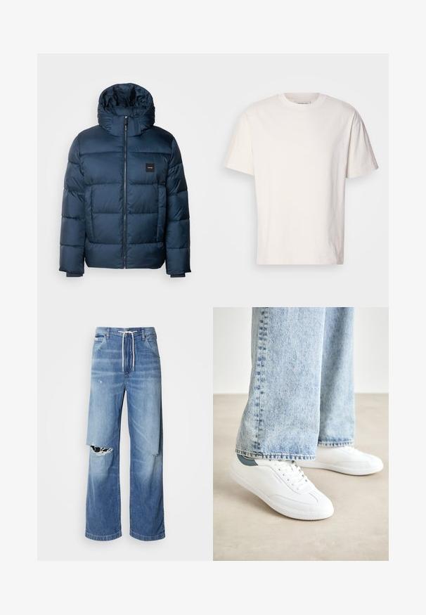 Mørkeblå puffjakke med hette, med glidelås og en firkantet logo-patch på venstre bryst. Quadrert design og glatt tekstur.; Kremfarget bomulls t-skjorte med rund hals. Korte ermer og avslappet passform. Har en liten logo på halslinningen. Glatt tekstur.; Lyseblå denimjeans med løs passform, tydelig hvit snøring i livet, og distinkte rifter foran med frynset kant.; Hvite sneakers med glatt materiale, snøring, teksturert gummisåle, og en teal akcent ved hælen, kombinert med lyseblå jeans.