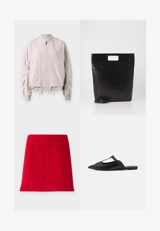 Lyserød bomberjakke med lynlås foran, elastiske manchetter, to frontlommer og snore til kanten. Glat tekstur med samlede ærmedetaljer.; Hvid langærmet skjorte med krave lavet af bomuld. Har en knaplukning fortil og en enkelt brystlomme. Glat tekstur, afslappet pasform.; Rød mini nederdel lavet af struktureret stof med lige snit. Designet har en sømløs front og rene linjer uden udsmykninger.; Sort læderslyngeback sko med spids tå, der har en vævet detalje og en plisseret overdel. Flad sål med minimal hardware.; Sort læder tote bag med et firkantet håndtag, der har en tekstureret overflade og prægede logo. Indeholder en aftagelig rem.