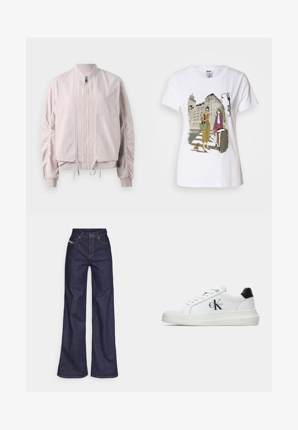 Lyserød bomberjakke med lynlås foran, elastiske manchetter, to frontlommer og snore til kanten. Glat tekstur med samlede ærmedetaljer.; Hvid bomulds T-shirt med et trykt illustrativt motiv af to kvinder i urban mode med en hund på et fodgængerfelt og bybygninger.; Mørkeblå bredbenede jeans i denimstof med høj talje, prydet med orange stikninger, fem-lomme design og knaplukning.; Hvide lavtoppede sneakers med sort hælkænke, platformssål, snørebånd og Calvin Klein "CK" logo på siden.