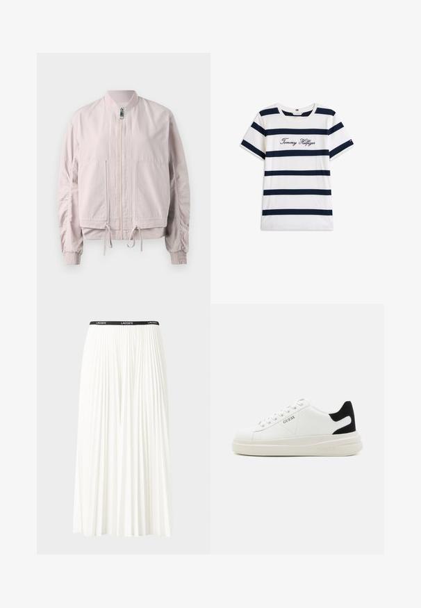 Svetloružová bomber bunda so zipsom vpredu, elastickými manžetami, dvoma prednými vreckami a sťahovacím lemom. Hladká textúra so zberaným detailom na rukávoch.; Bavlnené tričko s horizontálnymi námorníckymi pruhmi na bielom pozadí. "Tommy Hilfiger" vyšívané kurzívou na hrudi. Okrúhly výstrih.; Plisovaná biela sukňa s čiernym elastickým pásom s logom "LACOSTE". Sukňa je stredne dlhá a má mäkkú textúru.; Biele kožené tenisky s hrubou bielou podrážkou, čiernym zamekom na päte a vyrazeným logom na boku. Šnurovací dizajn so šiestimi očkami.