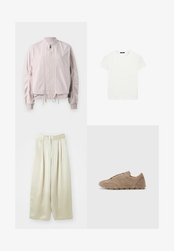Světlé růžové bomberové sako se zipovým uzávěrem, elastickými manžetami, dvěma předními kapsami a stahovacími lemy. Hedvábná textura s nařasenými detaily na rukávech.; Jednoduché bílé tričko s krátkým rukávem a kulatým výstřihem, slim fit, vystavené rovně na bílém pozadí.; Krémové kalhoty s širokými nohavicemi a sklady, vyrobené z hladké látky. Vyznačují se plochým pasem, zapínáním na knoflík a bočními kapsami pro praktičnost.; Béžové semišové boty s nízkým profilem, zdobené šitými pruhy a texturovaným povrchem, doplněné gumovou podrážkou s trakčními výstupky.