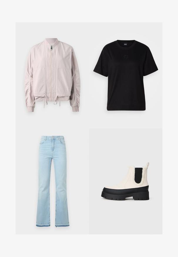 Svetlo roza bomber jakna z zadrgo spredaj, elastičnimi manšetami, dvema sprednjima žepoma in vrvico na dnu. Gladka tekstura z nabranimi detajli na rokavih.; Črna bombažna majica s krožnim izrezom, kratkimi rokavi in izvezenim logotipom na prsih. Preprosta, sproščena silhueta brez vzorcev.; Svijetloplave traperice s rasponom, visokog struka, s prednjim džepovima i sirovim rubom na manžetama za ležeran izgled.; Masivne platformne gležnjarje z belo zgornjico, črnimi gumijastimi podplati in kontrastnimi črnimi elastičnimi stranskimi paneli. Umetni krzneni rob na zgornjem robu.