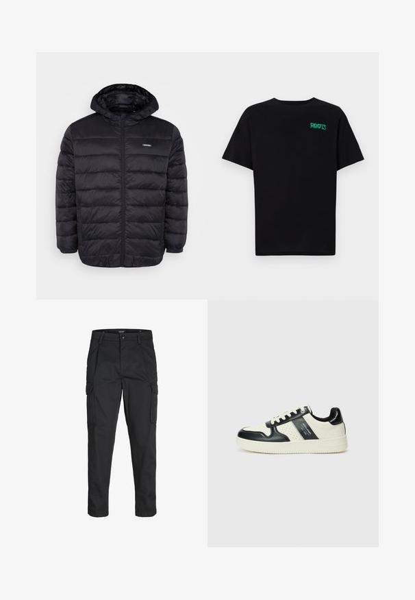 Črna podložena jakna s kapuco, z sprednjim zadrgo, stranskimi žepi in gladko, sijočo teksturo tkanine. Omenjen je tudi značilen quilted dizajn.; Črna majica iz bombaža z kratkimi rokavi. Na sprednji strani ima zeleno logotip "ROOTS", okroglo ovratnico in standardno prileganje.; Črne cargo hlače iz trdnega blaga, ki imajo več žepov, gumbasto zapiranje in ozek kroj z zožanimi nogami.; Usnjeni športni čevlji z črno in krem barvno shemo, ki vključujejo perforirane dodatke, podložen ovratnik in strukturirano podplat.