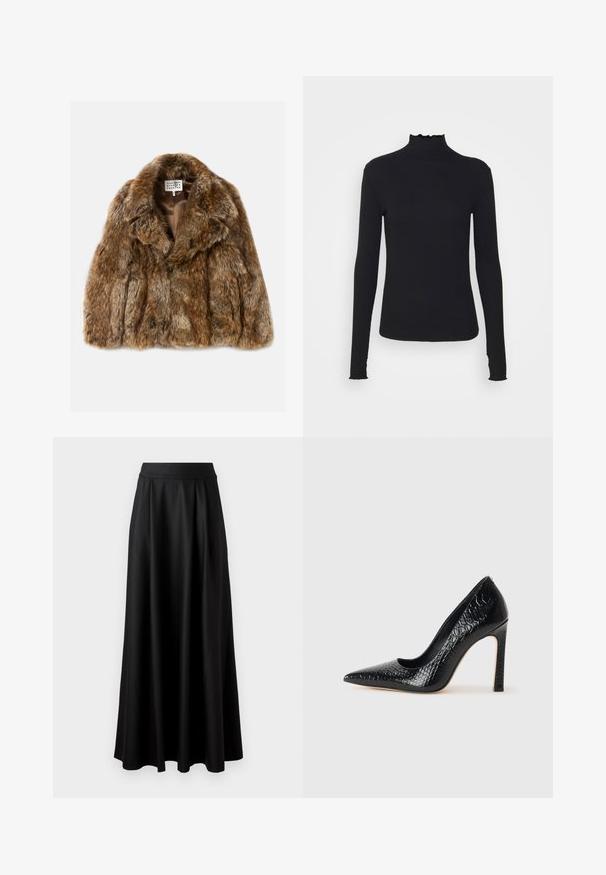 Rudas dirbtinis kailio paltas su apykakle, turintis tekstūruotą, sluoksniuotą dizainą. Vidaus pamušalas pagamintas iš lygaus audinio. Viduje matomas etiketės ženkliukas.; Juodas ilgomis rankovėmis turtleneko tipo viršus, pagamintas iš lygaus audinio, su raukšlėtu kaklu ir prigludusia siluetu, turinčiu paprastus kraštus.; Juoda, iki žemės tiesi sijonas su lygiu paviršiumi, plačiu juosmeniu ir pūtimo dizainu, be matomų raštų ar puošmenų.; Juoda smailiakulnė aukšto kulno bateliai su krokodilo odos tekstūra, pasižymintys elegantišku dizainu, aukštu stiletu kulnu ir lygia juoda vidine dalimi.