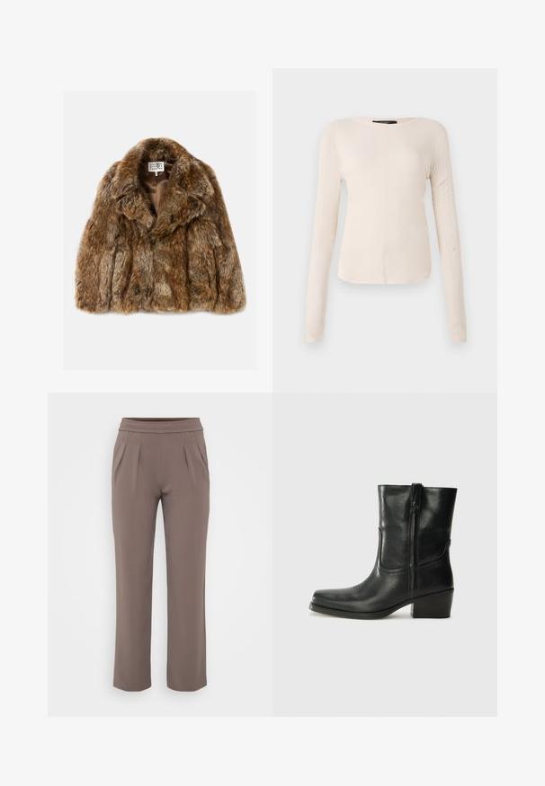 Brun faux fur-kappa med krage, med en strukturerad, lagrad design. Insidan fodrad med ett slätt tyg. Märket synligt inuti.; Långärmad, ljusbeige topp med rund halsringning. Tillverkad i mjukt material, har en central söm och något rundad nederkant. Inga synliga detaljer.; Taupe löst sittande byxor med elastisk midja och framfåll, gjorda av ett mjukt tyg.; Svart läderankelboot med rund tå, blockklack, sidodragkedja och sömmar på ovandelen. Slät textur, klassisk design.