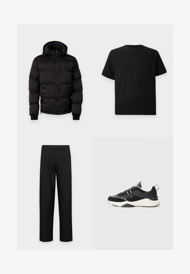 Guess STRETCH JACKET - Jachetă de iarnă - jet black; Tricou negru cu mânecă scurtă, realizat dintr-un material texturat, cu decolteu rotund și o croială relaxată. Simplu, fără modele sau accente.; Pantaloni negri dintr-un material neted, cu un design drept, două pliuri frontale și un tiv standard cu bucle pentru curea.; Adidași negri cu un amestec de materiale din suede și plasă, talpă albă chunky și accente reflective. Design cu sistem de șireturi și cu o bandă de prindere.