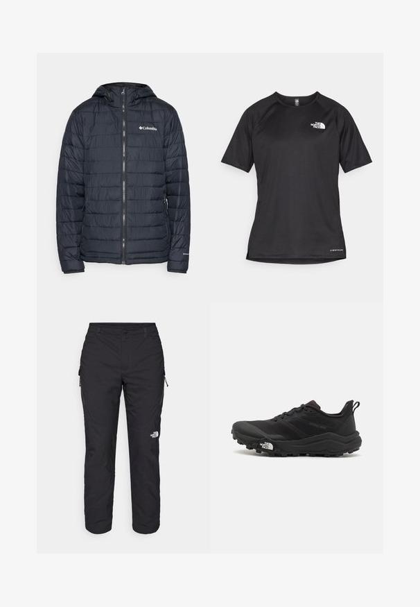 Mørkeblå isolert jakke med horisontalt quilte mønster, glidelås foran, justerbar hette og Columbia-logo trykt på brystet.; Svart kortermet treningstrøye med strukturert stoff, med en hvit logo på venstre bryst og rett kant.; The North Face WINTER EXPLORATION TAPERED CARGO - Friluftsbukser - black; Svart terrengløpesko med teksturert overdel, gummisåle og forsterket tåhette. Har polstret krage og løftestropp for enkel påkledning.