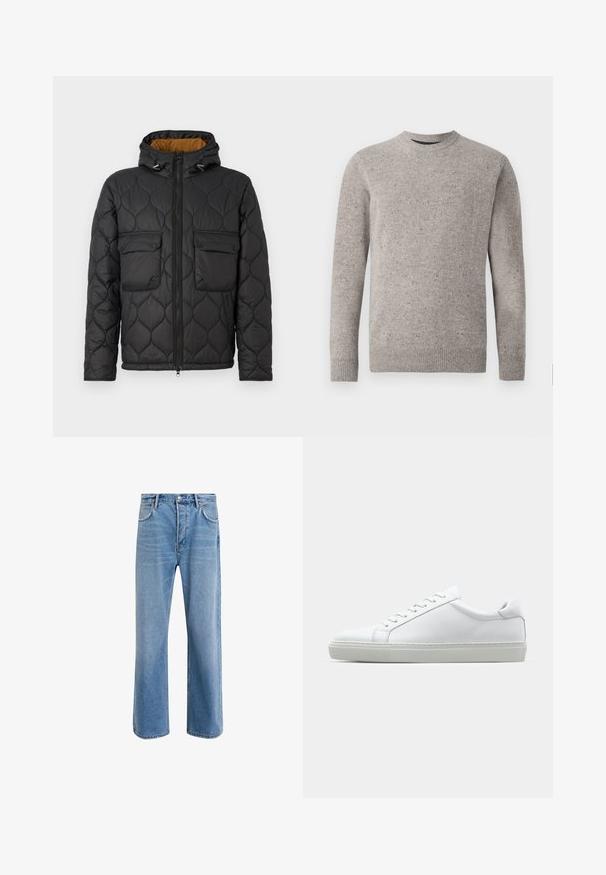 Black quilted puffer jacket with a hood, featuring two front pockets, a zipper closure, and a contrasting orange interior lining.; Light gray knitted sweater with a crew neckline, long sleeves, and ribbed cuffs and hem. Textured pattern with flecks of color.; Light blue denim jeans with a straight-leg design, five pockets, button closure, minimal fading, and contrasting stitching details.; White sneaker with a smooth leather upper and a low profile. Features a rounded toe, six eyelets, and a textured rubber sole.