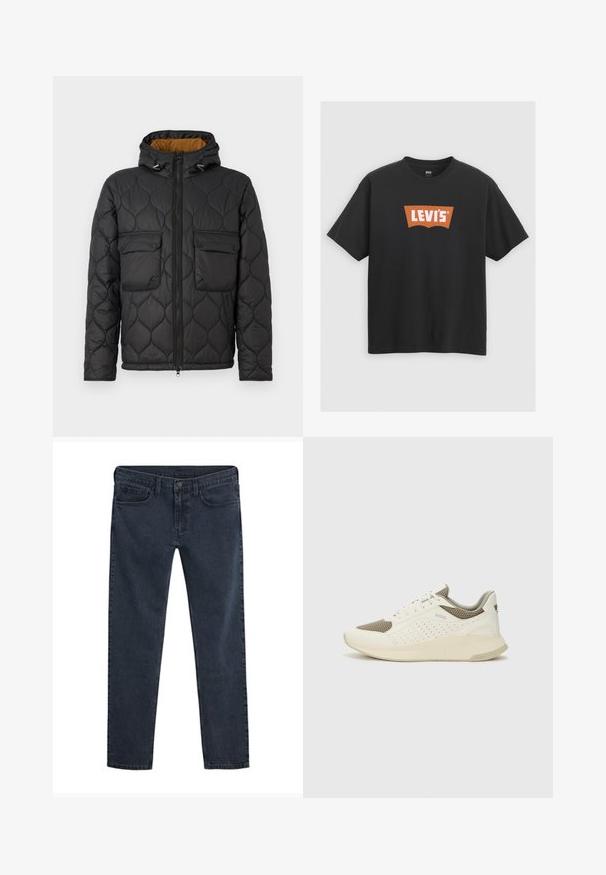 Casaco puffer acolchoado preto com capuz, apresentando dois bolsos frontais, um fecho com zíper e um forro interior laranja em contraste.; T-shirt de algodão preto com um grande logótipo laranja da Levi's na frente, mangas curtas e design de gola redonda.; Jeans de ganga azul escuro com corte justo, design de cinco bolsos, fecho de botão e uma textura sutilmente desgastada por todo o tecido.; Sapatilha atlética branca e bege claro, com parte superior em malha, detalhes perfurados e uma entressola texturizada com marcação no calcanhar.