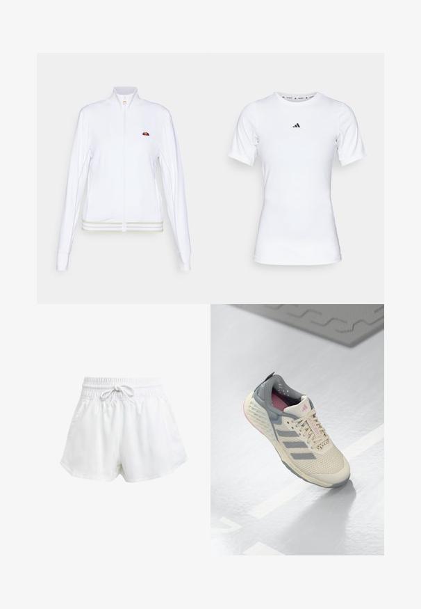 Hvid atletisk jakke med høj krave, fuld lynlås og broderet logo. Har kontraststriber ved kanten og ærmerne for ekstra detaljer.; Hvid atletisk skjorte med korte ærmer, lavet af glat, strækbart stof. Har et lille sort Adidas-logo på brystet.; Hvide atletiske shorts med elastisk talje og justerbar snor. Fremstillet af letvægtsmateriale, med sidelommer og en løs pasform.; Beige sporty sko med grå accenter, netoverdel og en tekstureret sål. Har tre grå striber og rosa indvendige detaljer.