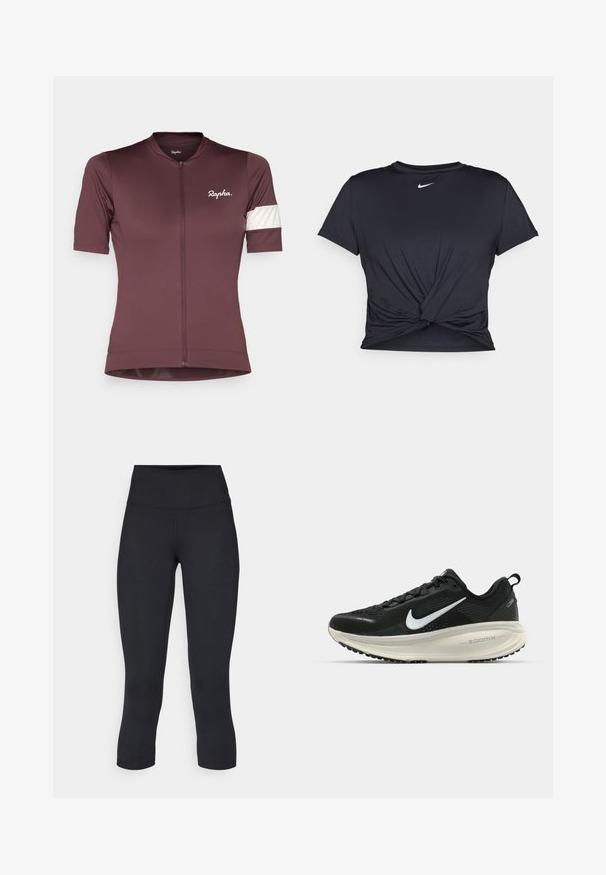 Īsām piedurkņu velosipēdu krekls dziļā maroon krāsā ar priekšējo rāvējslēdzēju. Uz kreisās piedurknes ir balta akcentu pēda un logo uz krūtīm.; Melna sporta t-kreklu ar gludu audumu, ar mezglošanas priekšpusi un mazu baltu Nike logotipu uz krūšu daļas.; Melnas apgrieztas legingi, izgatavoti no elastīga auduma, ar augstu jostasvietu un gludu tekstūru, bez redzamām rakstu vai aksesuāriem.; Melnas Nike skriešanas kurpes ar elpojošu acs augšdaļu, baltu Swoosh logotipu, strukturētu apdari un krēmkrāsas ZoomX starpsole.