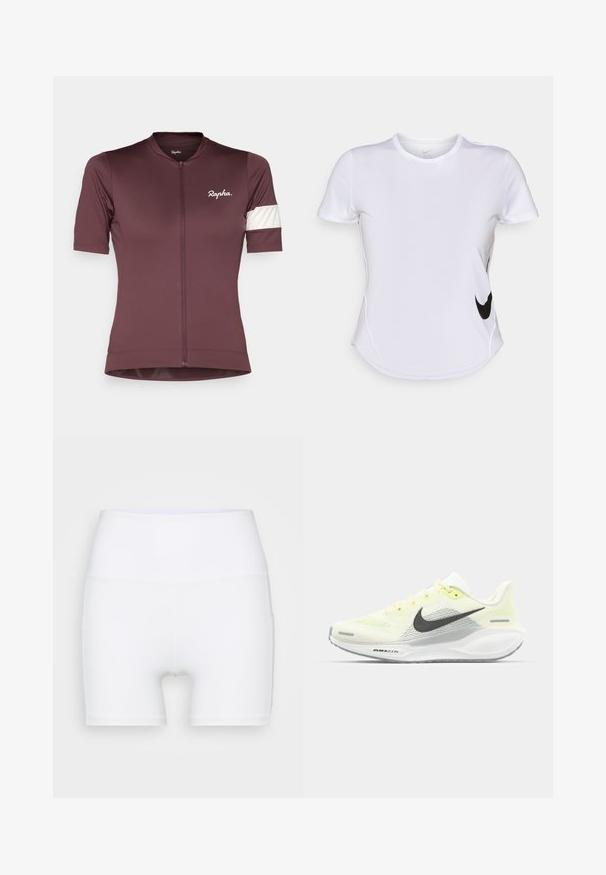 Korte mouw fietsjersey in diep bordeauxrood met een rits aan de voorkant. Voorzien van een witte accentstreep op de linkermouw en een logo op de borst.; Witte sportshirt met korte mouwen van gladde stof, met een zwart Nike-logo aan de linkerkant en een gebogen zoom onderaan.; Witte hoge taille shorts van rekbare stof. Kenmerken een gladde textuur en een aansluitend ontwerp, zonder extra patronen of hardware.; Nike hardloopschoenen met een lichtgele en witte mesh bovenkant, grijze accenten en een flexibele rubberen zool. Voorzien van een vetersluiting.