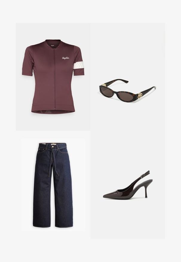 Krátký rukáv cyklistického dresu v tmavě vínové barvě s předním zipem. Obsahuje bílý akcentní pruh na levém rukávu a logo na hrudi.; Černá dlouhá rukávová košile vyrobená z bavlněné směsi, s kulatým výstřihem a přiléhavým střihem, bez viditelných vzorů nebo grafik.; Široké tmavě modré džíny se zvýšeným pasem, opatřené stahovací šňůrou, pěti kapsami a kontrastním prošíváním.; Slingback lodičky na vysokém podpatku z lesklé tmavě hnědé lakované kůže, s špičatou špičkou, otevřenými stranami a nastavitelným páskem kolem kotníku.; Brýle sluneční s kočičím vzorem, prodloužené oválné čočky, hnědý odstín, zlaté logo na spáncích a elegantní černé nožičky.; Bordová kabelka s zakřivenou siluetou a krátkým popruhem, zdobená zlatým zipem a nenápadným logem Calvin Klein na přední straně.