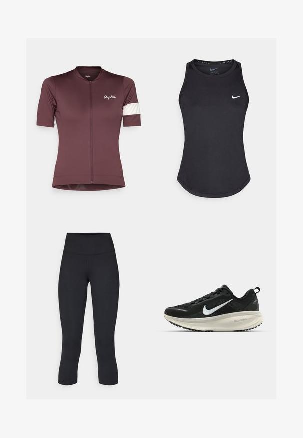 Tricou de ciclism cu mânecă scurtă, de culoare vișinie închisă, cu fermoar frontal. Are o dungi albe de accent pe mâneca stângă și un logo pe piept.; Tricou sport negru fără mâneci, fabricat dintr-un material care absoarbe umezeala. Are un decolteu rotund, o croială ajustată și un logo alb Nike pe piept.; Leggings negre scurte, fabricate dintr-un material elastic, având o talie înaltă și o textură netedă, fără modele sau accesorii vizibile.; Pantofii de alergare negri de la Nike, cu parte superioară din plasă respirabilă, logo-ul alb Swoosh, detalii texturate și o talpă intermediară ZoomX de culoare crem.