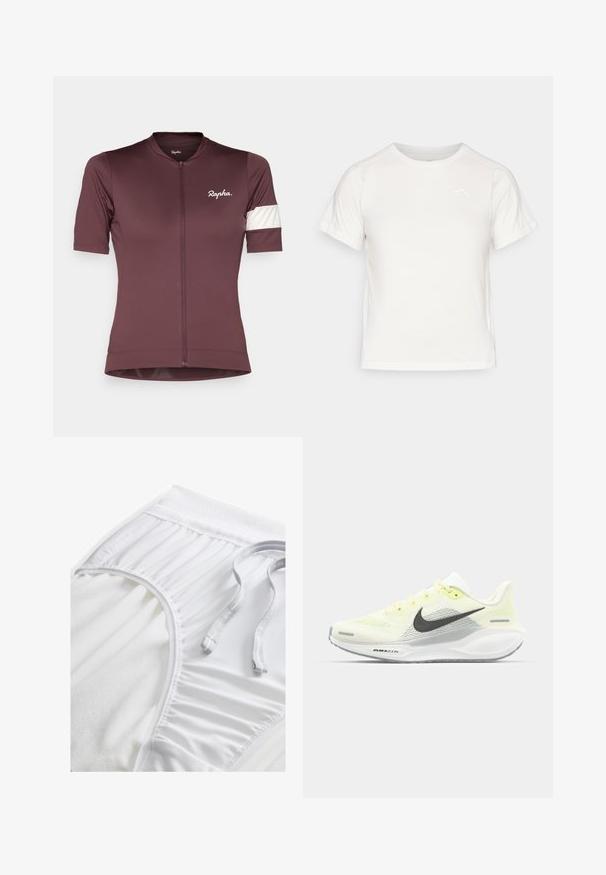 Maillot de ciclismo de mangas cortas en un profundo color burdeos con cremallera frontal. Presenta una franja de acento blanca en la manga izquierda y un logo en el pecho.; Camiseta blanca ligera con mangas cortas, cuello redondo y un pequeño logo en la esquina superior izquierda. Tejido suave con un sutil brillo.; Pantalones cortos deportivos blancos con una cinta de cintura texturizada, detalles fruncidos en los laterales y un cordón plano. Tejido suave con un acabado liso.; Zapatillas de correr Nike con una parte superior de malla en amarillo claro y blanco, detalles en gris y una suela de goma flexible. Cuenta con un cierre de cordones.