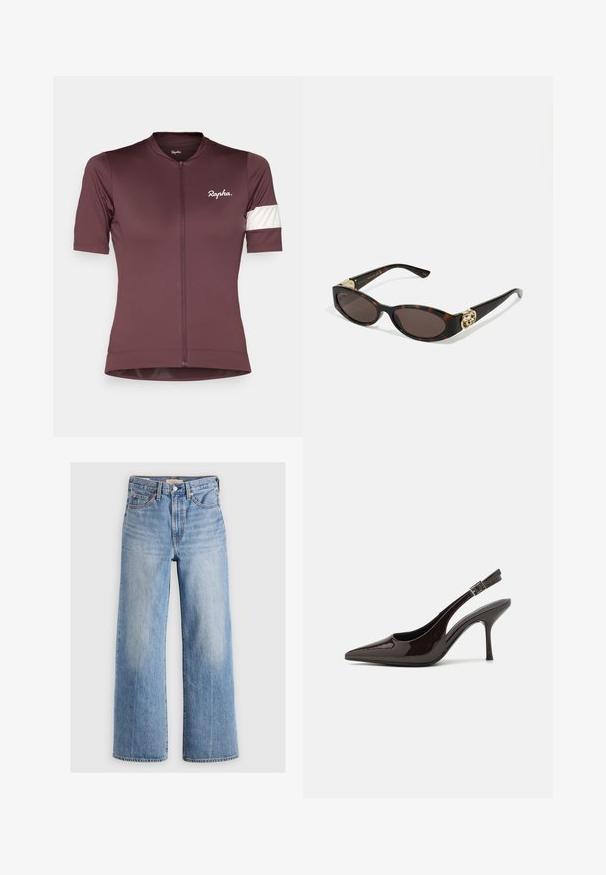 Kratak rukav biciklistička majica u tamno maroon boji s prednjim zatvaračem. Ima bijeli akcentni prug na lijevom rukavu i logo na prsima.; Bijela majica bez rukava s V-izrezom, ukrašena delikatnom čipkastom obrubom, tankim podešivim naramenicama i mekanim, glatkim materijalom.; Svijetloplavi traper široki traperice s visokim strukom, istovarenim dijelovima, pet džepova i kontrastnim šavovima. Klasično kopčanje na dugme i patentni zatvarač.; Sandalice na visokom potpetici od sjajnog tamnosmeđeg lakiranog kože, s oštrim vrhom, otvorenim stranama i podesivom naramenicom.; Suncane naočale od kornjačevine s izduženim ovalnim lećama, smešnim nijansama, zlatnim logotipom na drškama i elegantnim crnim krakovima.; Zlatne naušnice s uzorkom, prozirna stražnja strana, s teksturiranim zlatnim naglascima i malim prozirnim dragim kamenjem ugrađenim u dizajn.