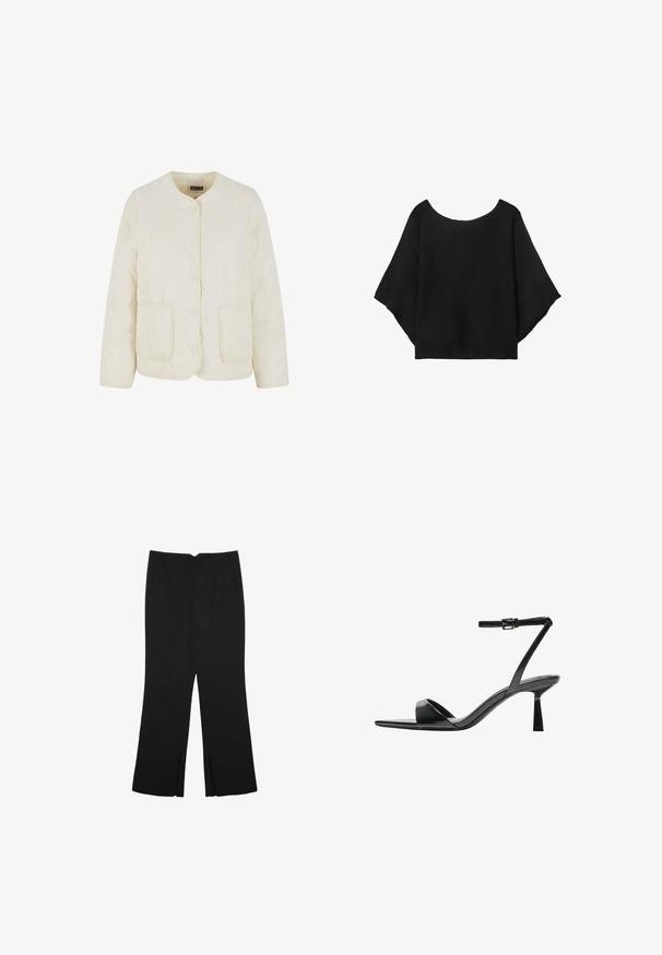 Světle krémová prošívaná bunda s kulatým výstřihem, předními knoflíky a dvěma kapsami. Disponuje vlnkovým vzorem prošití a hladkou texturou.; Černý pletený top s širokými rukávy, kulatým výstřihem a volným střihem. Tkanina má žebrovanou texturu, bez zapínání nebo vzorů.; Černé kalhoty s rovným střihem, s předními kapsami a bočními rozparky na lemu. Vyrobené z jemné, hladké tkaniny. Vhodné na různé příležitosti.; Bershka Sandály na vysokém podpatku - black