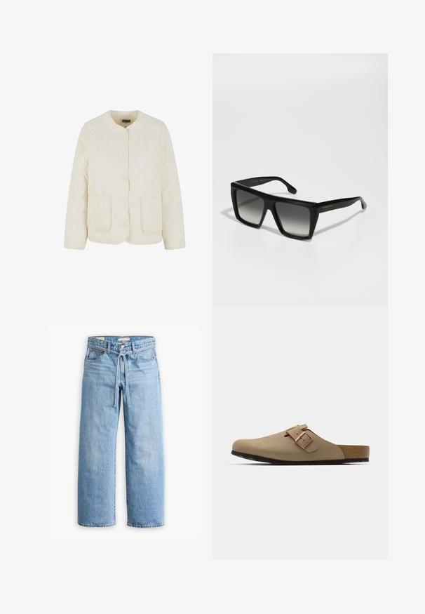 Světle krémová prošívaná bunda s kulatým výstřihem, předními knoflíky a dvěma kapsami. Disponuje vlnkovým vzorem prošití a hladkou texturou.; Dlouhý rukáv bavlněné tričko s vodorovnými černobílými pruhy, kulatý výstřih a jemná textura. Bez viditelného kovového doplňku nebo akcentů.; Světle modré džínové široké kalhoty s vysokým pasem, zapínáním na knoflík a zip, a šňůrkou v pase. Obroušené zakončení.; Bežové dřeváky s kulatou špičkou, nastavitelným sponovým detailem a korkovou stélkou. Texturovaný povrch s černou gumovou podrážkou pro lepší přilnavost.; Černé oversized čtvercové sluneční brýle s gradientními čočkami, silnými rámy a zlatým logem na spánku. Hladký plastový materiál.
