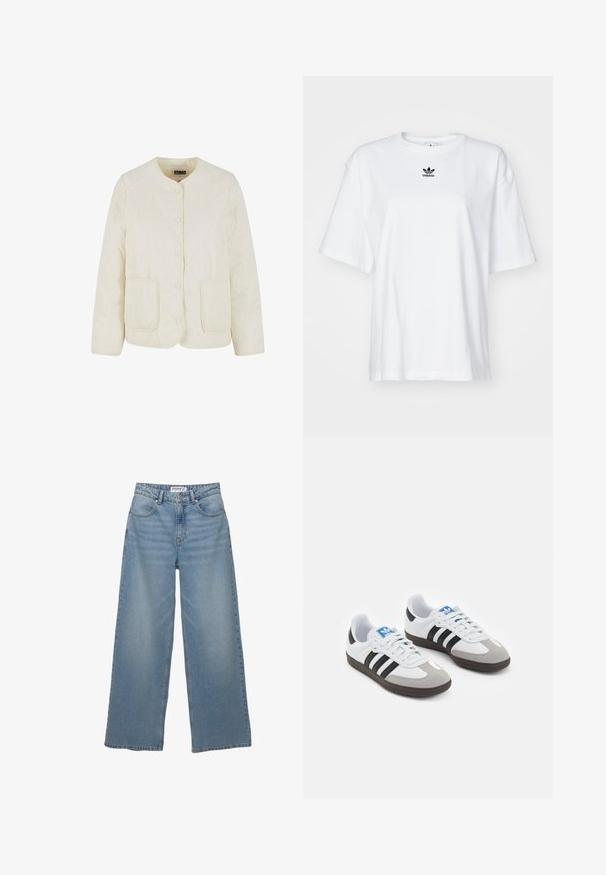 Helle, gesteppte Jacke mit rundem Ausschnitt, vorderem Knopfverschluss und zwei Taschen. Verfügt über ein gewelltes Nähmuster und eine glatte Textur.; Weißes T-Shirt mit kurzen Ärmeln aus Baumwolle. Verfügt über einen Rundhalsausschnitt und ein kleines schwarzes Adidas-Logo auf der Brust. Gerader Saum.; Helle blaue weit geschnittene Jeans aus Denim. Merkmale sind eine hohe Taille, fünf Taschen und ein gerader Schnitt mit minimaler Ausbleichung.; Sportschuhe mit einem Obermaterial aus weißem Leder, grauer Wildleder-Zehenkappe und drei schwarzen Streifen. Sie verfügen über ein blaues Logo auf der Zunge und eine strukturierte Gummisohle.