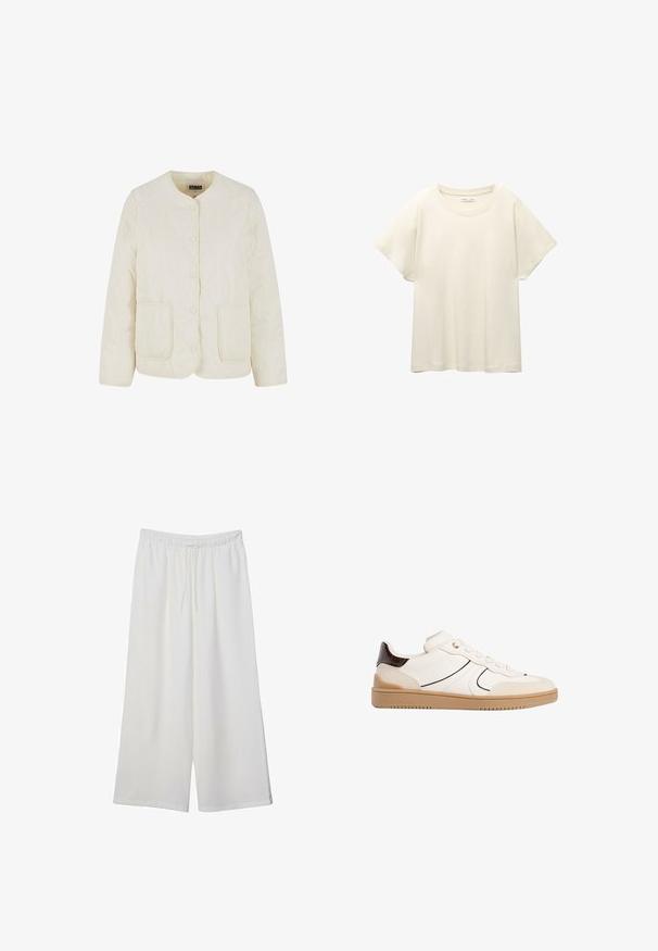 Light cream quilted jacket with a round neckline, front buttons, and two pockets. Features wavy stitching pattern and a smooth texture.; Light beige short-sleeve t-shirt with a round neckline, made of soft, smooth fabric. Features a relaxed fit and straight hemline.; White wide-leg trousers made of lightweight fabric, featuring an elastic waistband and a drawstring for adjustable fit. Smooth texture.; Stradivarius Trainers - white