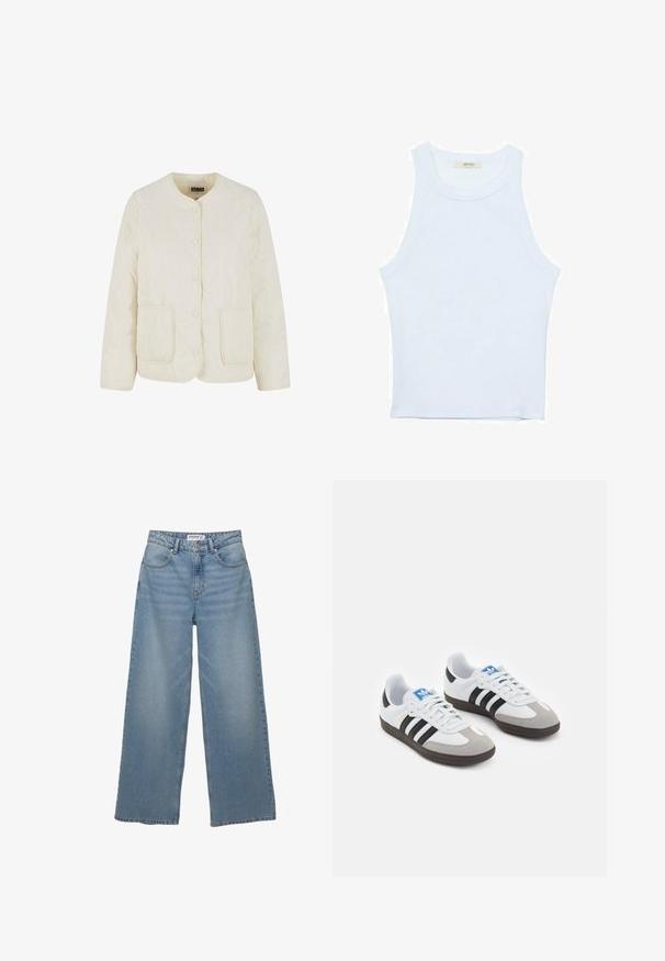 Svetlo kremaste prešite jakne z okroglim ovratnikom, sprednjimi gumbi in dvema žepoma. Ima valovit vzorec šivanja in gladko teksturo.; Bela majica bez rukavov, rebrasta tekstura, okrugli izrez, kroj koji prati tijelo, suptilno brendiranje na etiketi unutar ovratnika.; Svetlo modri široki jeans iz denima. Ima visok pas, pet žepov in ravno kroj z minimalnim bledenjem.; Športni čevlji z belim usnjenim zgornjim delom, sivim semišem na prstih in tremi črnimi črtami. Imajo modro logo na jeziku in teksturiran gumijast podplat.