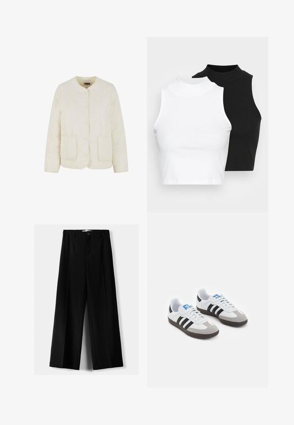 Licht crèmekleurige gewatteerde jas met een ronde halslijn, knopen aan de voorkant en twee zakken. Voorzien van een golvende stikpatroon en een zachte textuur.; Twee mouwloze ribgebreide coltruien in zwart en wit, met een slim fit ontwerp en een gladde textuur, met een cropped lengte.; Zwarte wijde broek van lichtgewicht stof, met een knoopsluiting aan de voorkant en een vlakke achterkant, afgewerkt met keurig gestikte zoom.; Sportschoenen met een witte leren bovenkant, grijze suède neus en drie zwarte strepen. Bevat een blauw logo op de tong en een gestructureerde rubberen zool.