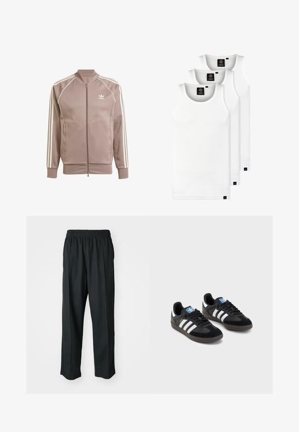 Lysebrun lynlåsjakke lavet af glat stof, med hvide accentstriber langs skuldrene og ærmerne, samt et lille logo på brystet.; Tre hvide ribbede tanktops lavet af bomuld. Har en rund hals og små sorte mærker nær sømmen. Fås i flere størrelser.; Sorte træningsbukser med elastisk talje, lavet af glat stof, med diskrete sidesyninger og en afslappet pasform, lige ben design.; Sorte sneakers med en overdel i ruskind og syntetisk materiale, med tre hvide striber, struktureret gummisål og en blå logoetiket på tungen.