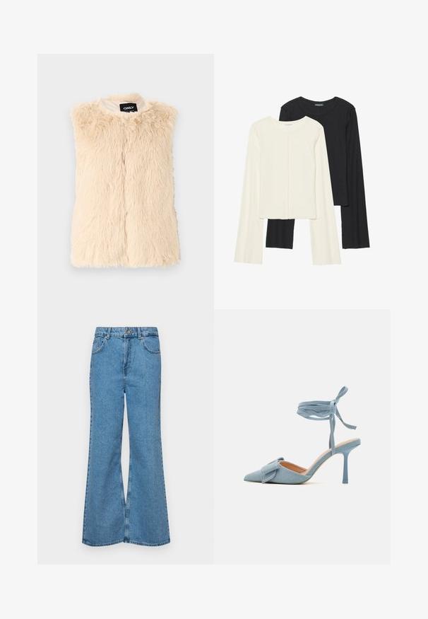 bézs műszőrme mellény, laza, texturált felszínnel, ujjatlan kialakítással és elöl nyitott. Bélelt belső, "ONLY" címkével ellátva.; Két darabból álló hosszú ujjú felsők szettje fehér és fekete színben. Bordás textúra, kerek nyakkivágás, testhez simuló fazon, enyhén bővülő ujjakkal.; Világoskék, trapézszárú farmernadrág, magas derékkal, öt zsebbel és egy gombos záródással. Puha tapintású, magasított effektusú anyag.; Hegyes orrú magassarkú cipő világoskék szövetből, texturált felülettel, masnis díszítéssel és bokapánttal a biztos illeszkedésért.
