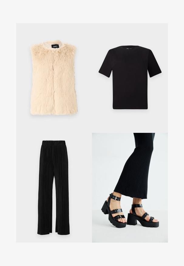 Beżowa kamizelka z futra syntetycznego o luźnej, teksturowanej powierzchni, bez rękawów i z otwartym przodem. Podszewka wewnętrzna, oznaczona metką "ONLY".; Czarna koszulka z krótkim rękawem o okrągłym dekolcie, wykonana z miękkiej bawełny. Prosty design, bez widocznych logo ani wzorów.; Czarne spodnie plisowane z elastycznym paskiem w talii. Posiadają szerokie nogawki oraz gładki, teksturowany materiał z pionowymi paskami.; Czarne platformy na sandały z grubymi, żłobionymi podeszwami i wieloma paskami, z metalowymi klamrami i gładką, skórzano-podobną fakturą.