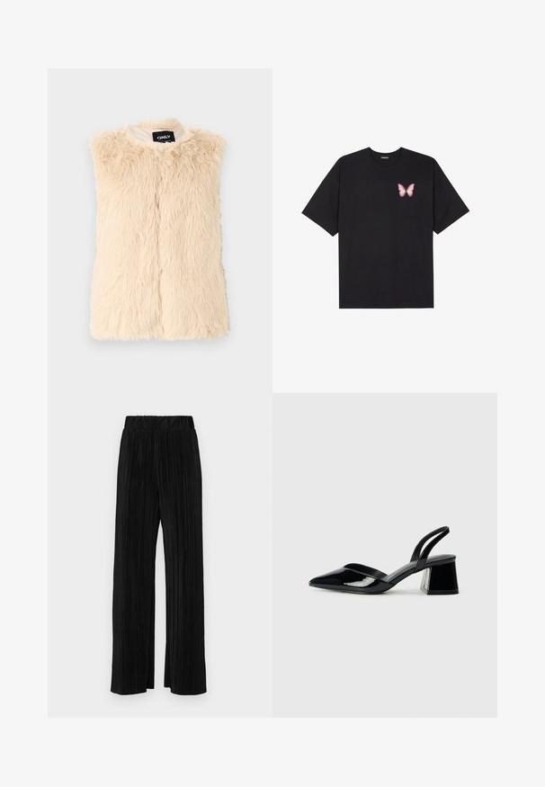 Beež faux fur vest, mille tekstuuriga pinna ja avatud esiosa. Ilma varrukateta disain, vooderdatud sisemus, tähistatud "ONLY" sildiga.; Must muströöpidega must puuvillane T-särk, vasakul rinnal on väike roosa liblikas. Ümar kaelus ja vabalt istuv lõige.; Mustad pleekitud püksid elastse vöökohtaga. Omavad laiad jalad ja sujuvat, tekstureeritud kangast vertikaalsete triipudega.; Mustad musta lakknahk kingad, millel on terav varvas ja geomeetriline plokkkonts. Omab elegantselt minimalistlikku disaini ja sujuvat tekstuuri.