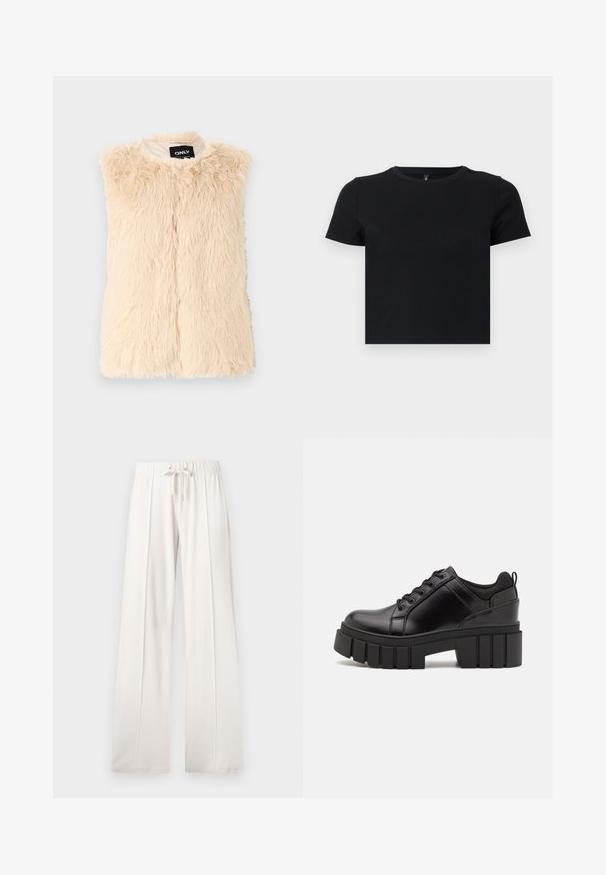 Beige faux fur vest with a loose, textured surface, sleeveless design, and front opening. Lined interior, labeled with "ONLY" tag.; Black short-sleeve t-shirt made from soft cotton. Features a round neckline and a fitted design. Smooth texture without patterns or accents.; Light beige sweatpants made of soft fabric, featuring a drawstring waist, wide legs, and vertical seams, with a smooth texture.; Black leather platform shoes with a chunky block heel, round toe, and traditional lace-up design. Features smooth texture and minimal detailing.