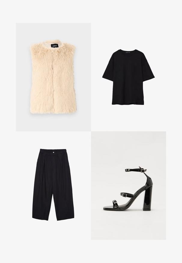 Béžový faux kožuch s voľnou, textúrovanou povrchovou úpravou, bezrukávovým dizajnom a predným zapínaním. Podšívka, označená štítkom "ONLY".; Čierne bavlnené tričko s voľným strihom, krátkymi rukávmi, zaobleným výstrihom a hladkou textúrou. Bez viditeľných vzorov alebo akcentov.; Čierne polyesterové culotte nohavice s elastickým pásom, dvoma prednými záhybmi a voľným strihom. Žiadne viditeľné vzory ani detaily z kovu.; Čierne lakované sandále na podpätku so štvorcovou špičkou, navlečenými remienkami okolo členku a striebornými prackami. Disponujú masívnym blokovým podpätkom pre stabilitu.
