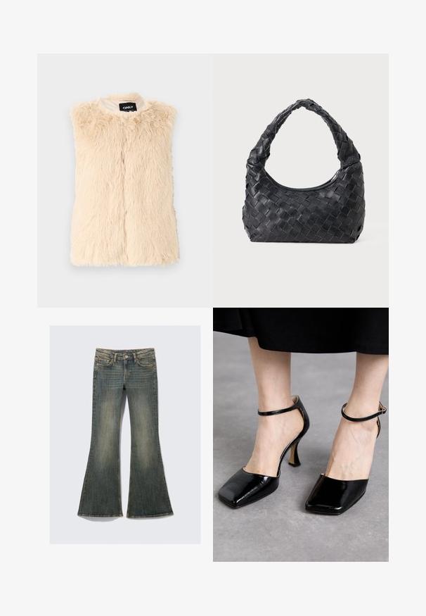 Beige fuskpälsväst med en lös, texturerad yta, ärmlös design och framöppning. Fodrad insida, märkt med "ONLY"-etikett.; Vit långärmad topp med vid halsringning och rynkdetalj bak. Slät textur, figurnära design.; Uppvikta denimjeans i en blekt blå färg med en klassisk femfickorsdesign, som har en lätt struktur och synliga sömnadsdetaljer.; Souliers Martinez LAURA - Klassiska pumps - lajara cybil black; Svart lädervävd axelväska med ett rundat handtag och en halvmåneformad kropp mot en plain bakgrund.