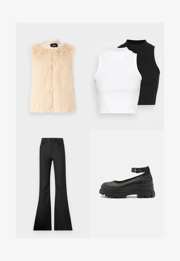 Bež umetni krzneni jopič s prostorno, teksturirano površino, brez rokavov in sprednjim odpiranjem. Obložen notranji del, označen z oznako "ONLY".; Dva brezrokavniki z rebrasto turtleneck gorami v črni in beli barvi, z oblikovanim dizajnom in gladko teksturo, v skrajšani dolžini.; Črne široke kavbojke s srednjim pasom, narejene iz gladkega materiala. Imajo pet žepov in vidne šive.; Buffalo ASPHA - Čevlji s platformo in peto - black