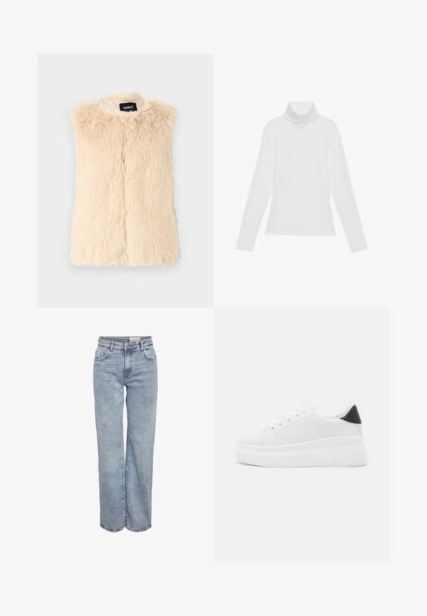 Gilet en fausse fourrure beige avec une surface texturée et lâche, sans manches et avec une ouverture sur le devant. Intérieur doublé, étiqueté avec une étiquette "ONLY".; Haut à col roulé à manches longues blanc, fabriqué en tissu lisse et extensible. Il présente un col haut et une coupe ajustée, sans motifs ni embellissements visibles.; Jeans larges bleu clair en denim, dotés d'une taille haute, d'un design à cinq poches et d'un léger dégradé pour un aspect usé.; Baskets plates blanches en matériau synthétique lisse, avec un bout arrondi, un design à lacets et une semelle en caoutchouc texturé. Accent de talon noir.