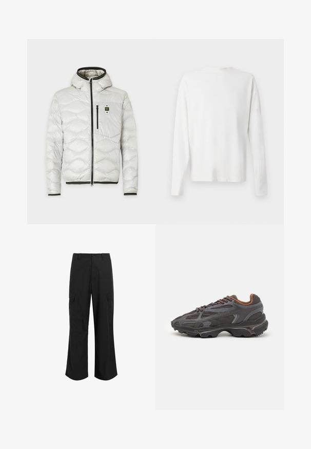 Giacca imbottita grigia chiara con cappuccio, dotata di una cerniera nera, tasca sul petto e dettagli verdi sul colletto e sui polsini.; Camicia bianca in cotone a maniche lunghe con scollatura rotonda, spacchi laterali in fondo e una texture liscia, mostrata da dietro.; Pantaloni cargo neri realizzati in tessuto leggero, con una vestibilità rilassata, due ampie tasche laterali e chiusura con bottone.; Sneaker Lacoste grigie scure in materiale mesh e sintetico, con suola testurizzata e dettagli marroni sul colletto e sul branding.