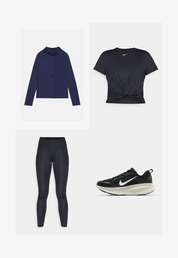 Navy long-sleeve sports jacket with a high collar, full zip, and side zip pockets; made from smooth, stretchy fabric with minimal seams.; Black athletic t-shirt made of smooth fabric, featuring a knotted front design and a small white Nike logo on the chest.; Black leggings made of smooth, stretchy fabric. High waist with no visible patterns or accents. Fit closely from waist to ankles.; Black Nike running shoe with breathable mesh upper, white swoosh logo, textured detailing, and a cream-colored ZoomX midsole.