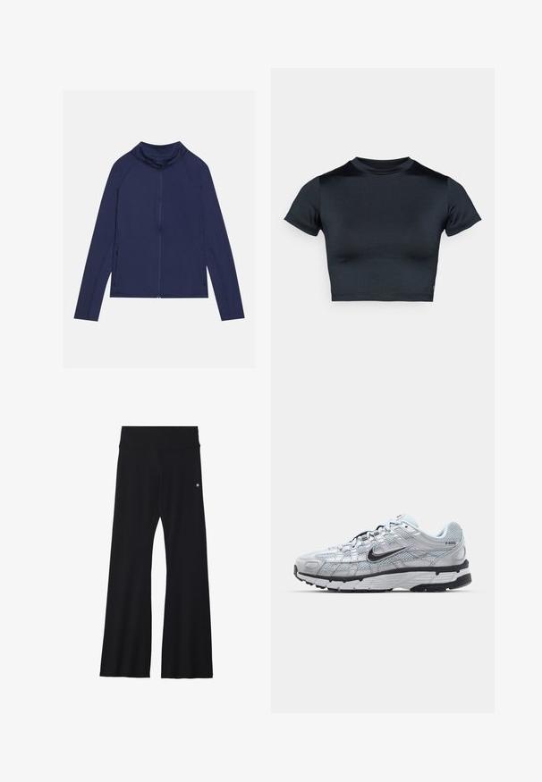 Tengerészkék, hosszú ujjú sportzakó magas gallérral, teljes cipzárral és oldalsó cipzáras zsebekkel; sima, rugalmas anyagból készült, minimális varrásokkal.; Rövid ujjú, crop fazonú, sötét tengerészkék felső, sima, rugalmas anyagból. Kerek nyakkivágással és minimális varrási részletekkel rendelkezik. Látható logó nélkül.; Fekete, bővülő szárú nadrág rugalmas anyagból, széles derékrésszel és egy kis logóval a csípőnél. Sima textúrájú és teljes hosszúságú kialakítású.; Nike P-6000 sportcipő, világosszürke hálós felsőrésszel, fekete részletekkel és tartós fekete gumitalppal. Bonyolult dizájnnal és fűzőrendszerrel rendelkezik.