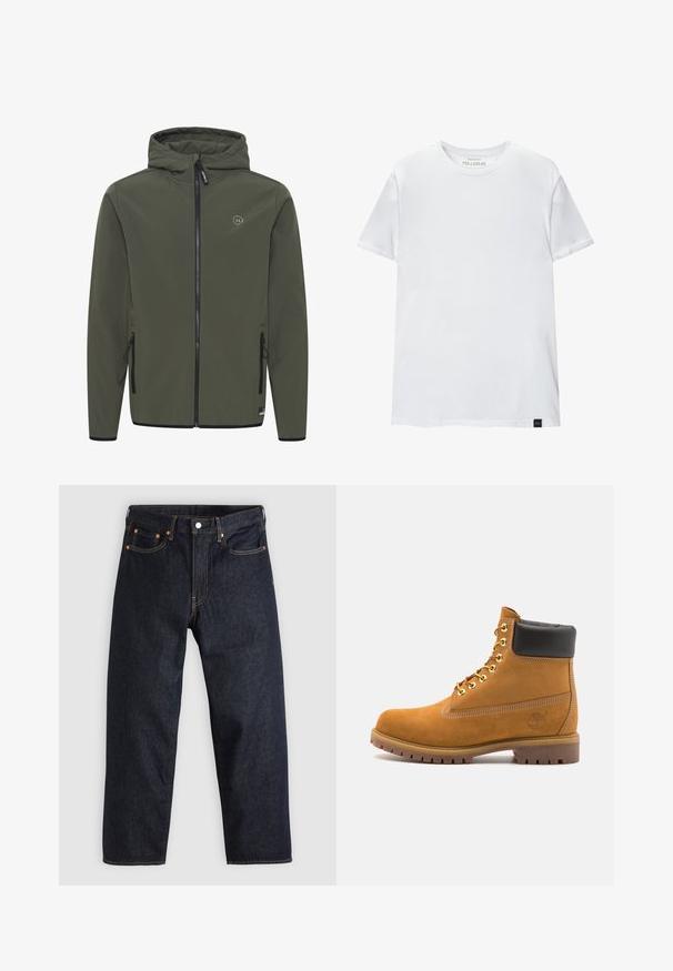 Kapuce s kapucí v olivově zelené barvě, vyrobená z hladkého materiálu. Obsahuje přední zip, dvě boční kapsy a malé logo na hrudi.; Bílá tričko s těsným střihem vyrobené z bavlny. Kolečkový výstřih, krátké rukávy, hladká textura. Malá černá visačka s logem na lemu. Jednoduchý design.; Tmavomodré džíny z denimu se straight střihem, pěti kapsami, kontrastním oranžovým šitím a knoflíkovým zapínáním. Žádné viditelné vzory ani ozdoby.; Hnědé semišové kotníkové boty s černým polstrovaným límcem, zlatými kovovými očky, bílým prošíváním a odolnou gumovou podrážkou s výraznými drážkami.